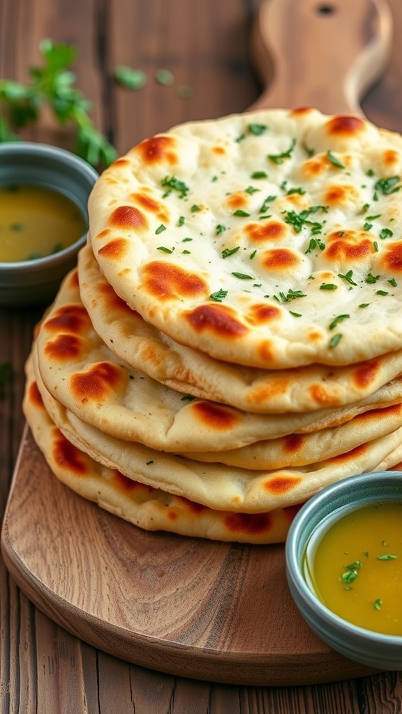 Golden garlic flatbreads stacked on a table, garnished with herbs and served with olive oil.